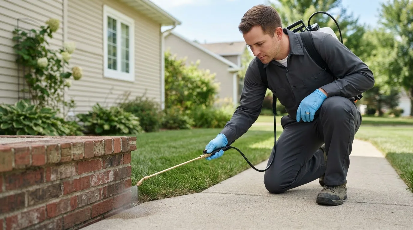 Pest control technician treating a home near Wilton, ND