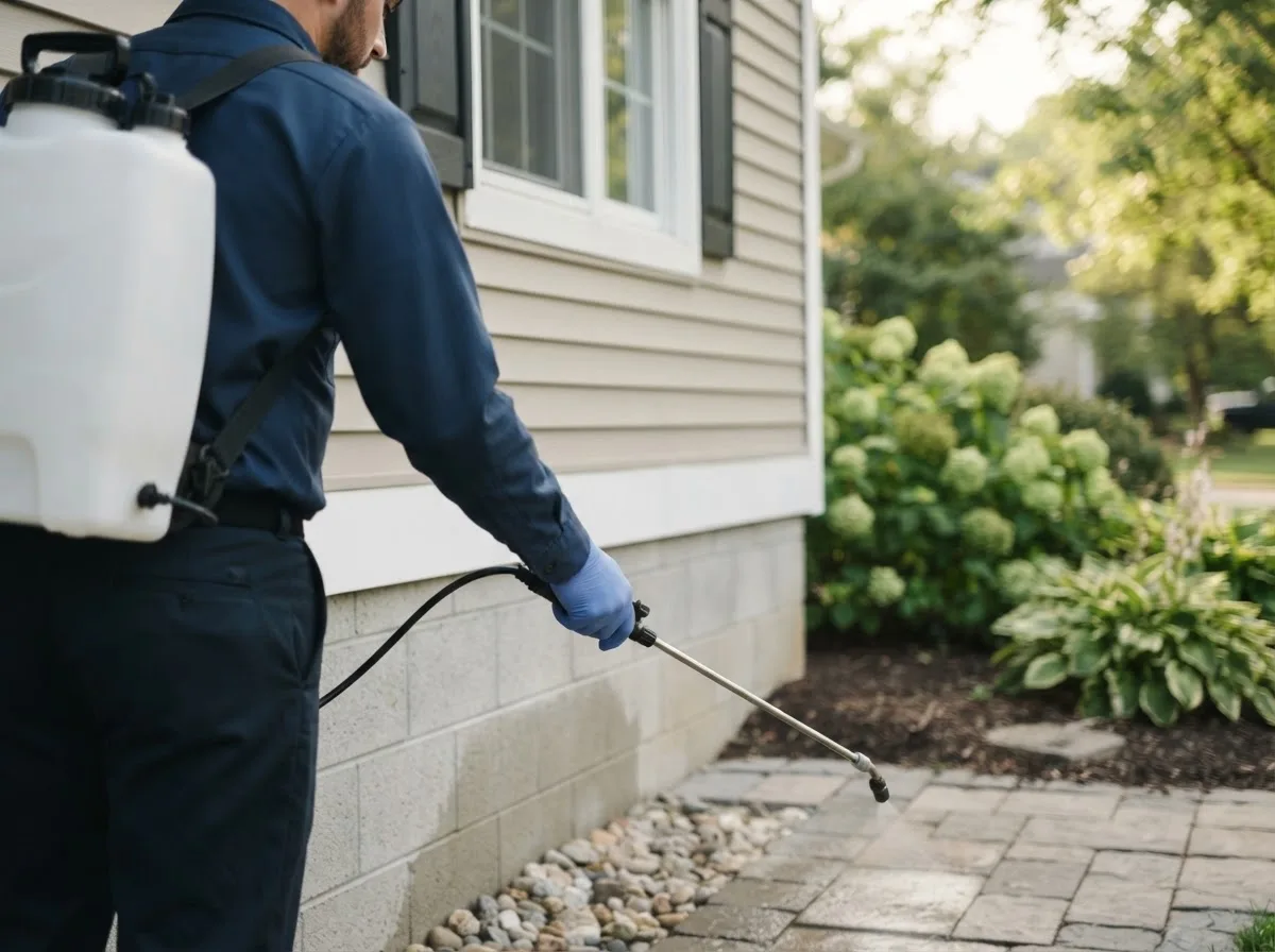 Pest control technician inspecting a home in Wilton, ND